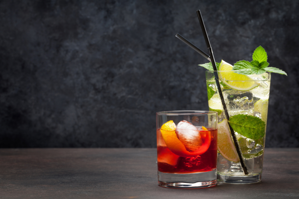 A cocktail with special cocktail ice inside the glass